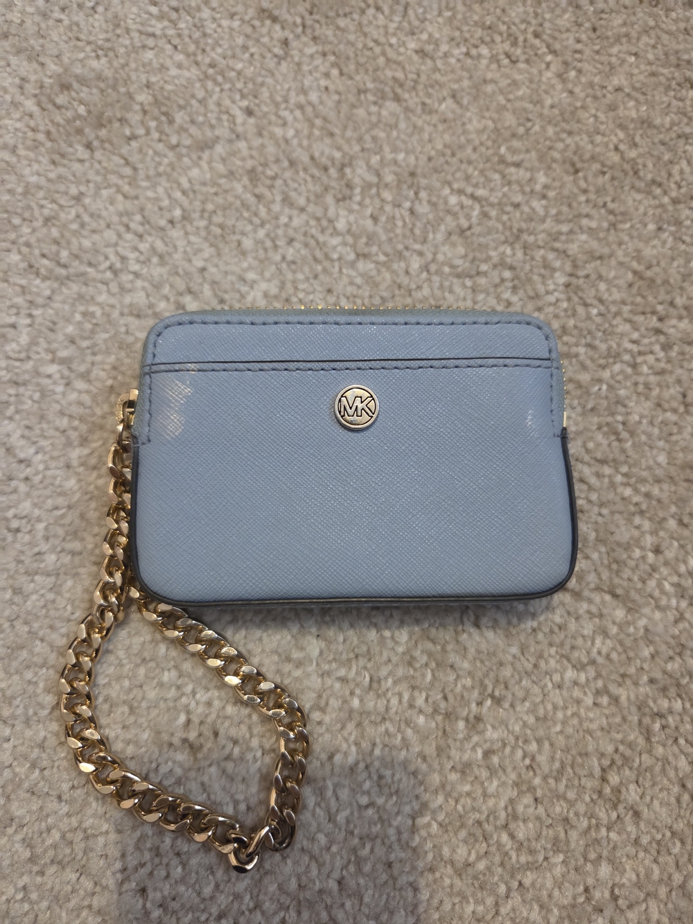 Michael Kors Powder Blue Saffiano Leather Wristlet with Gold Chain